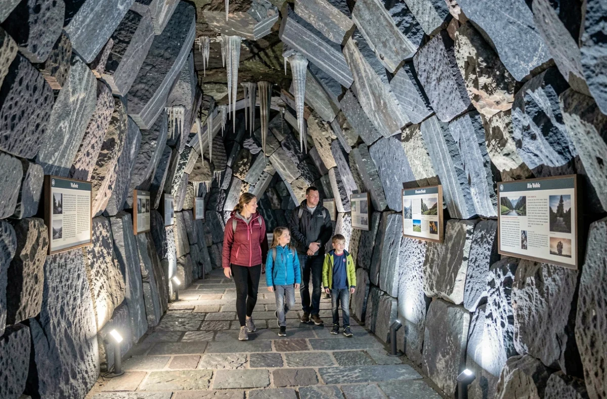 Famille parcourant les galeries souterraines de la Grotte de la Pierre de Volvic avec parois en basalte bleuté