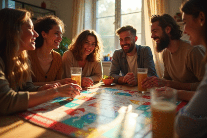 Groupe d'amis jouant au jeu de l'oie dans un cadre convivial