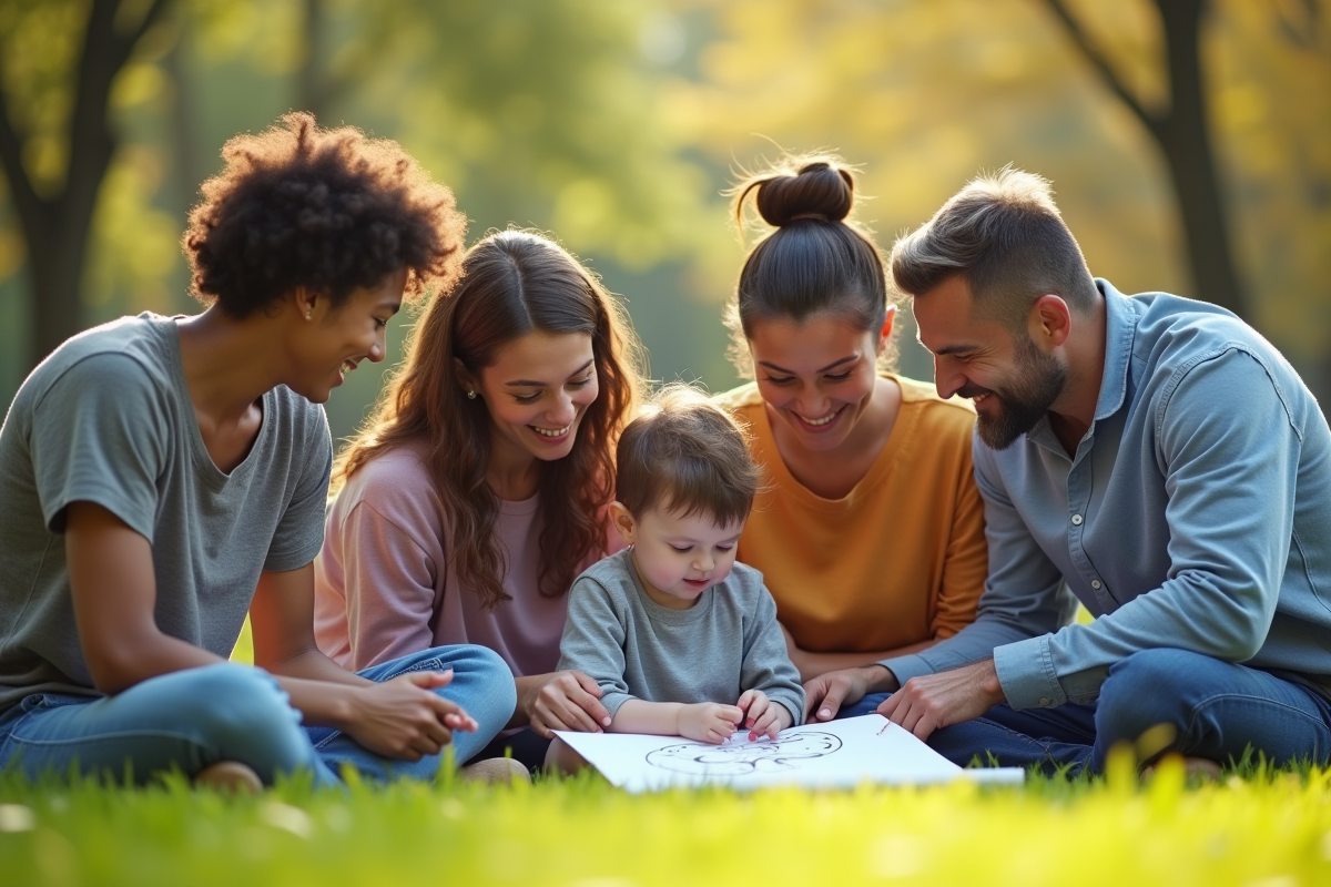 Groupe de parents soutenant un enfant dans un parc