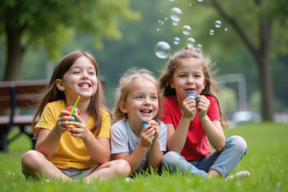 Enfants souriants soufflant des bulles dans un parc vert