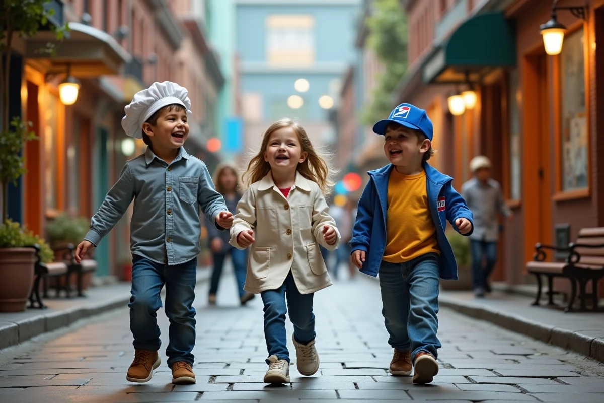Groupe d'enfants en costumes de jeux de rôle se promenant dans la mini ville intérieure de Palomano Lille