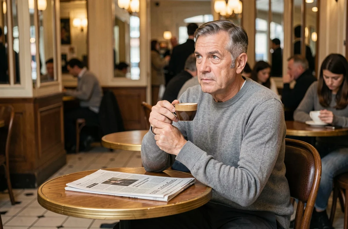 Homme discret attablé dans un café parisien, évoquant la curiosité des fans pour la vie privée de Stéphane Marie et son compagnon