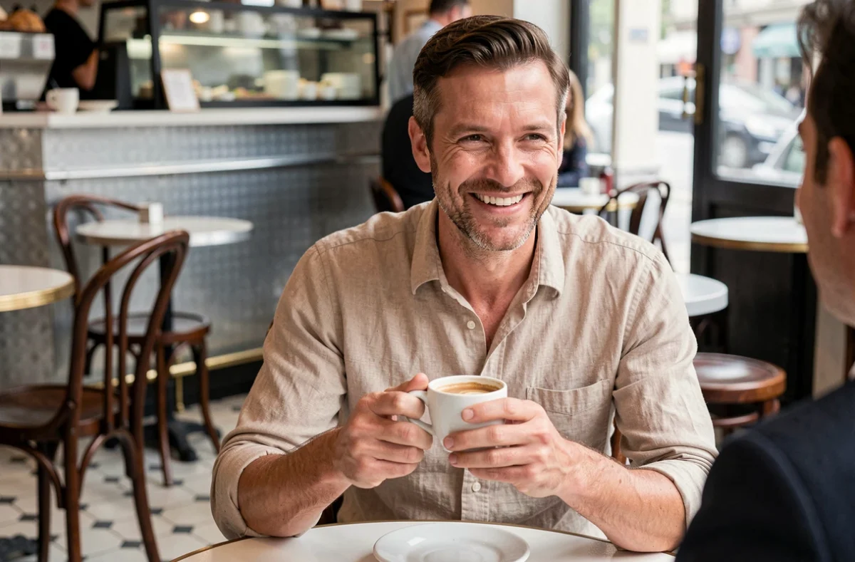 Homme souriant dans un café parisien tenant une tasse d'espresso, évoquant des confidences sur sa vie sentimentale