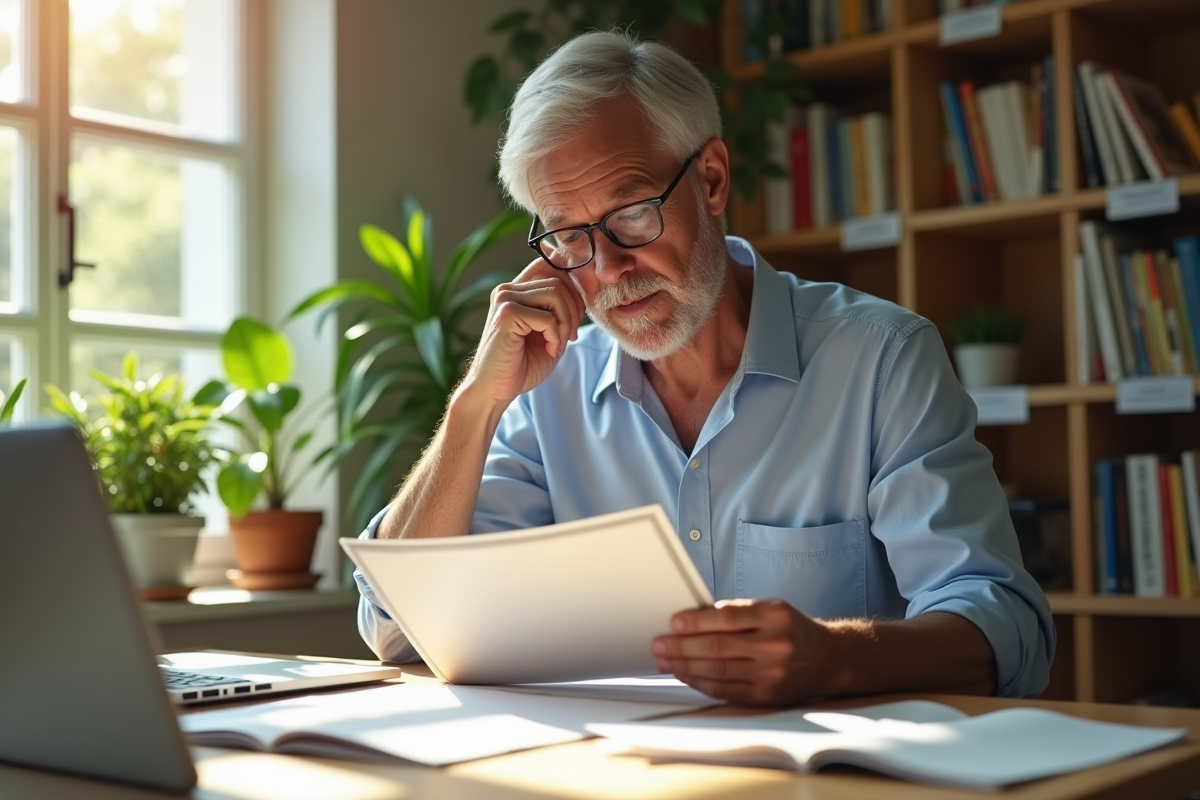 Homme mature examine manuels Montessori chez lui