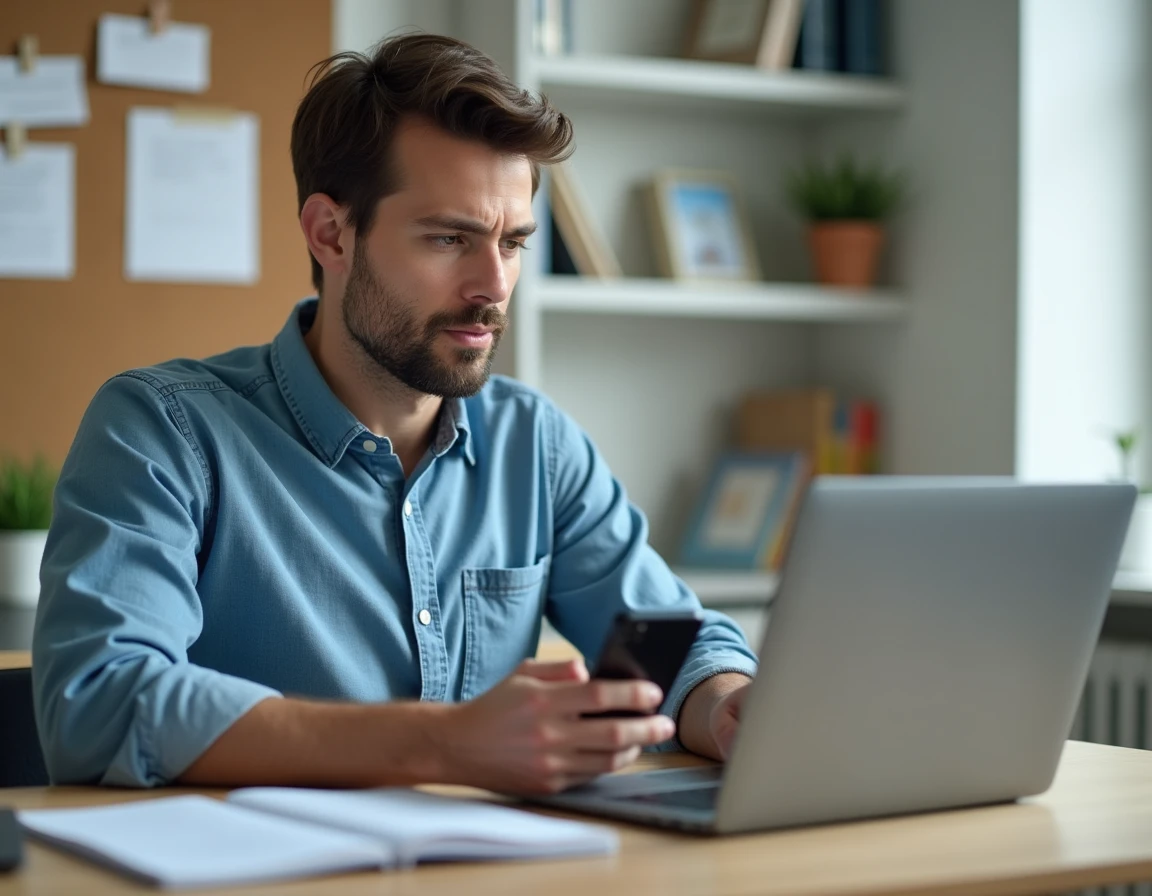 Homme consultant le site Pajemploi sur ordinateur tout en cherchant un numéro de téléphone pour joindre un conseiller