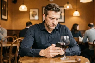 Homme d'une quarantaine d'années assis seul dans un bistrot parisien, regardant son téléphone avec une expression pensive, alliance visible sur la main gauche