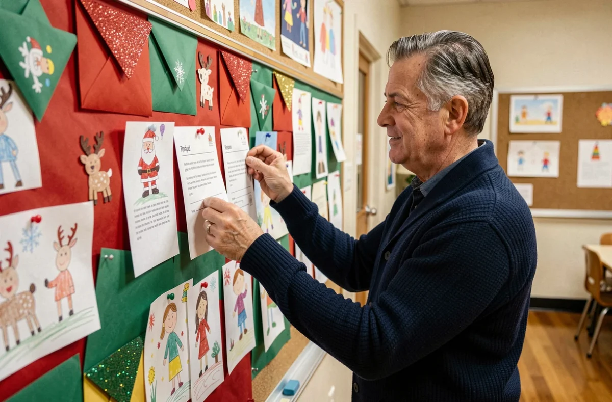 Instituteur affichant des réponses du Père Noël sur le tableau d'affichage de sa salle de classe
