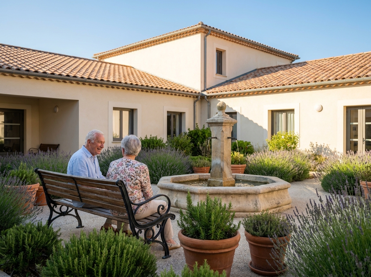 Jardin provençal de la Villa des Poètes, EHPAD à Marseille, avec deux résidents profitant de l'espace extérieur