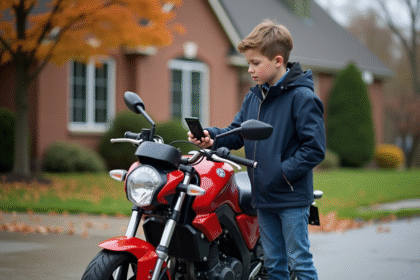Jeune garçon de 14 ans avec moto rouge en banlieue