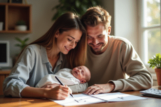 Jeune couple souriant avec leur bébé dans un cadre cosy