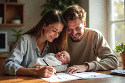 Jeune couple souriant avec leur bébé dans un cadre cosy