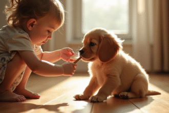 Jeune enfant brossant un chiot cocker en lumière naturelle