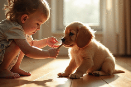 Jeune enfant brossant un chiot cocker en lumière naturelle