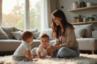 Jeune femme confiante avec deux bébés jouant dans un salon lumineux
