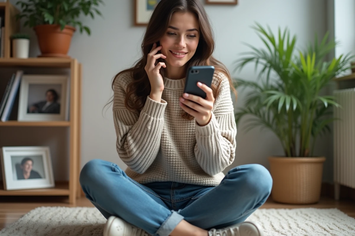 Jeune femme enregistrant un message vocal chez elle
