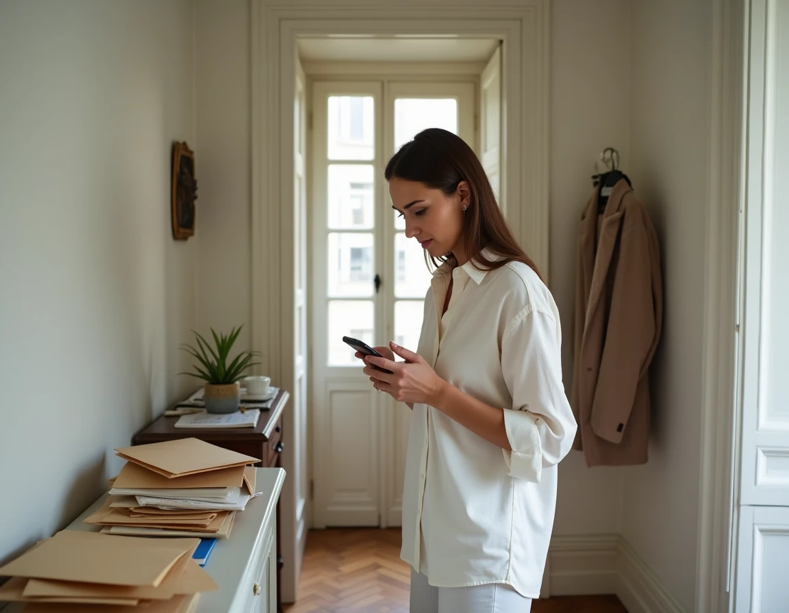 Jeune femme cherchant le numéro de téléphone de Pajemploi sur son smartphone dans un couloir d'appartement avec des courriers administratifs