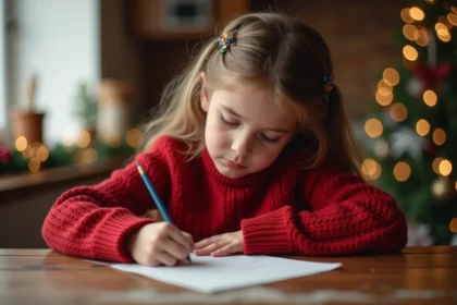 Jeune fille écrivant une lettre à Santa dans un intérieur chaleureux