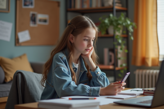 Jeune fille de 15 ans configure son profil Instagram dans sa chambre