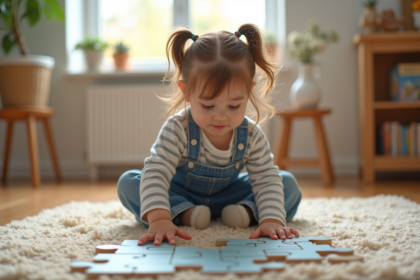 Jeune fille de 3 ans assemble un puzzle dans le salon
