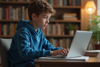 Jeune garçon assis à un bureau avec ordinateur portable