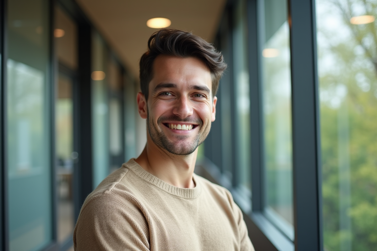 Jeune homme en pull beige dans un bureau moderne