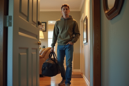 Jeune homme avec sac à dos devant une maison familiale