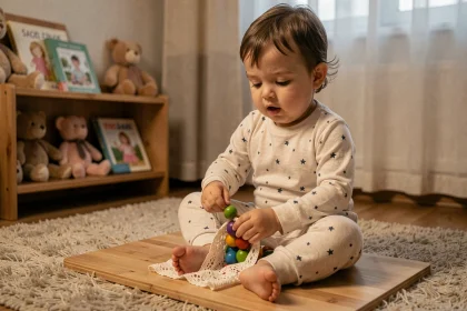 Tout-petit en pyjama enfilant des perles en bois lors d'une routine du soir apaisante dans une chambre d'enfant chaleureuse