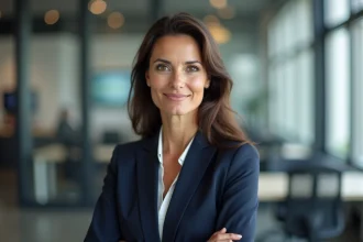 Portrait d'une journaliste française élégante dans une salle de rédaction parisienne moderne