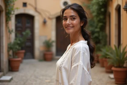 Jeune femme aux traits méditerranéens dans une cour italienne traditionnelle illustrant l'héritage culturel italien de Kelly Vedovelli
