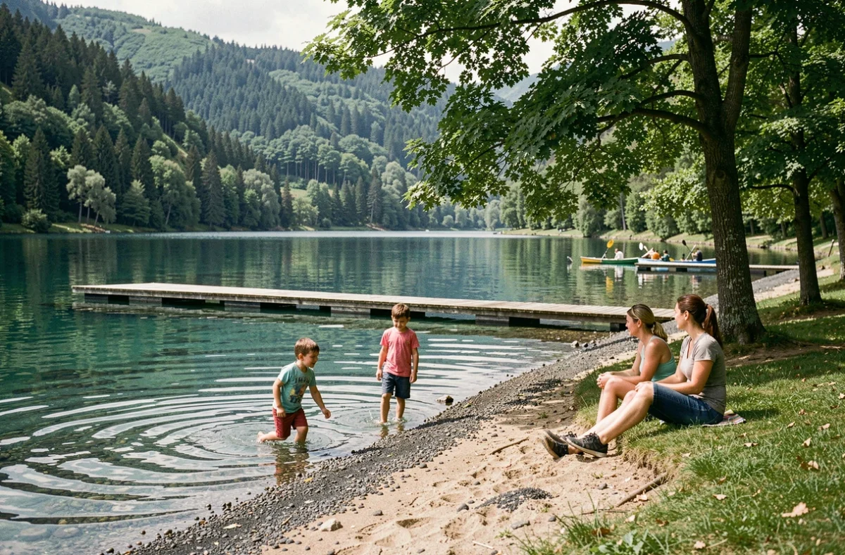 Famille profitant de la baignade et des loisirs au bord du lac volcanique d'Aydat en été