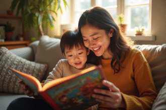Parent lisant un livre coloré à un enfant dans un salon chaleureux