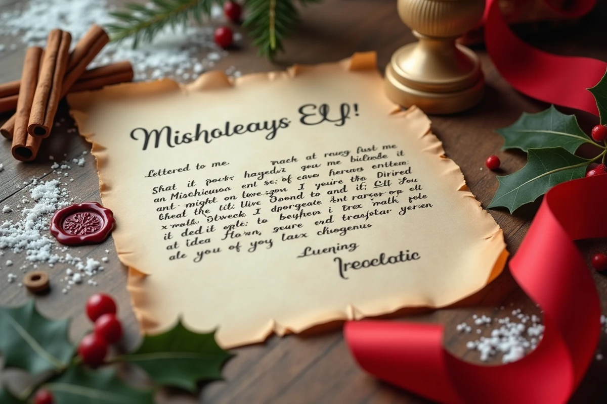 Lettre de lutin farceur imprimée sur parchemin avec décoration de Noël en flat-lay