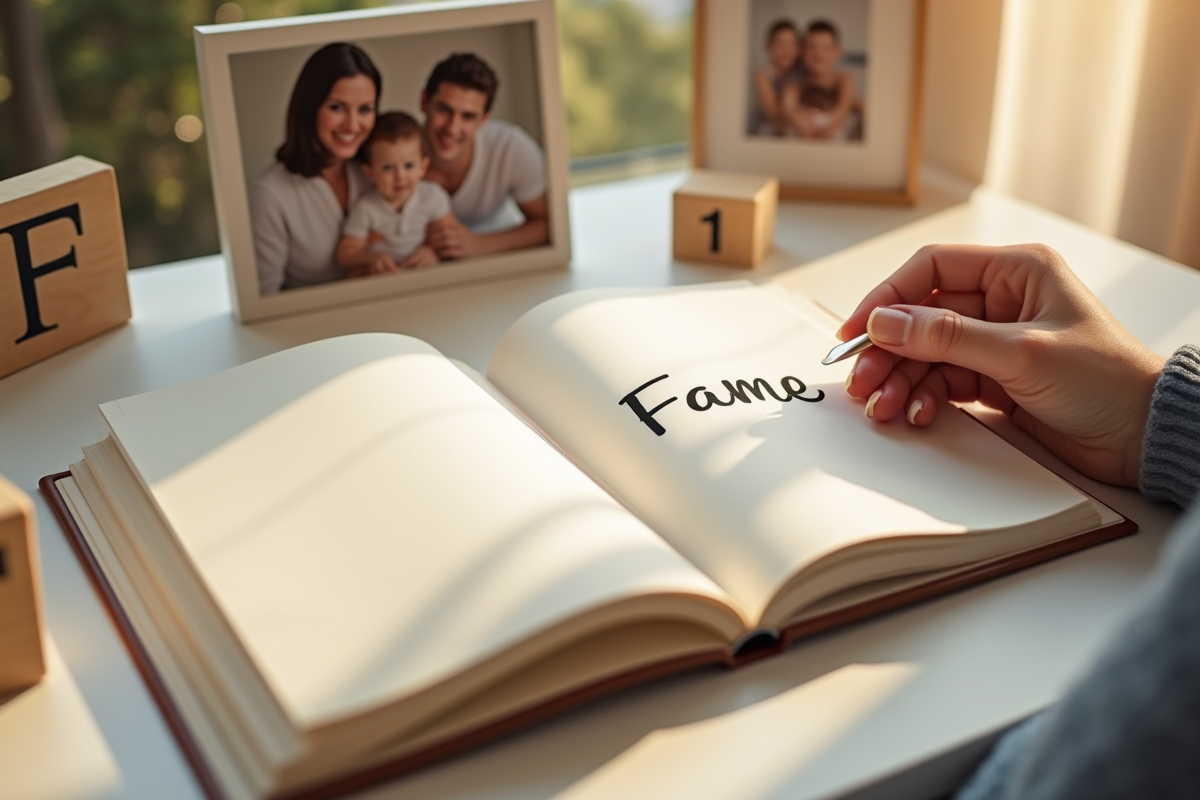 Livre de noms de bebe ouvert avec blocs alphabet et photo de famille