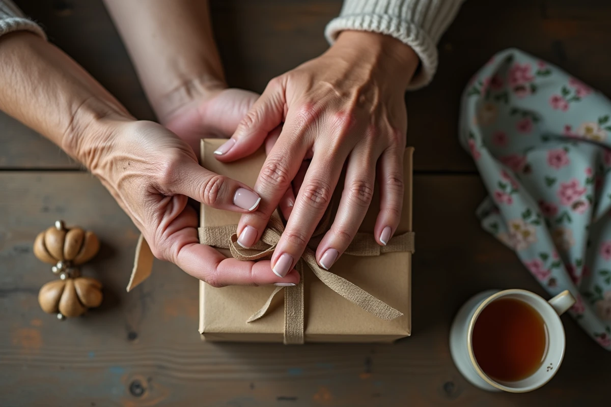 Mains d'une grand-mère et de sa fille tenant un cadeau symbolique sur une table en bois, évoquant l'amour maternel transmis de génération en génération
