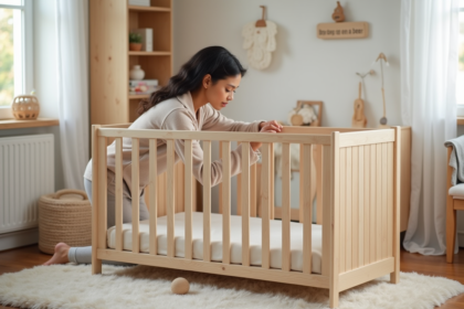 Jeune maman assemble un lit bébé en bois dans une nurserie chaleureuse