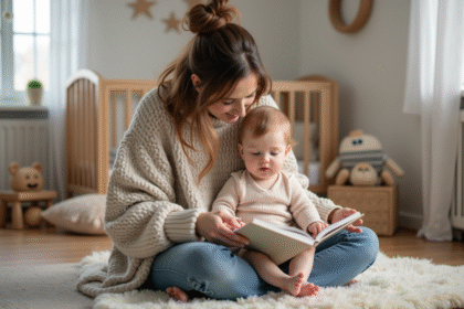 Jeune maman lit une histoire à son bébé dans la chambre