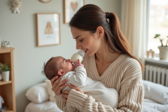 Jeune maman nourrissant son bébé dans une nurserie lumineuse