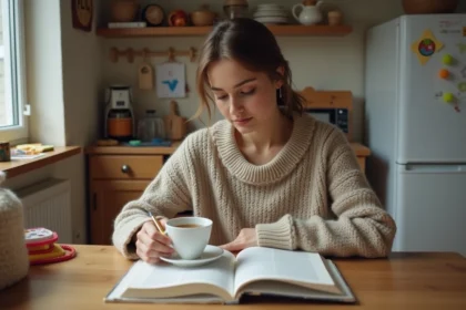Jeune maman lisant un livre de parentalite a la maison