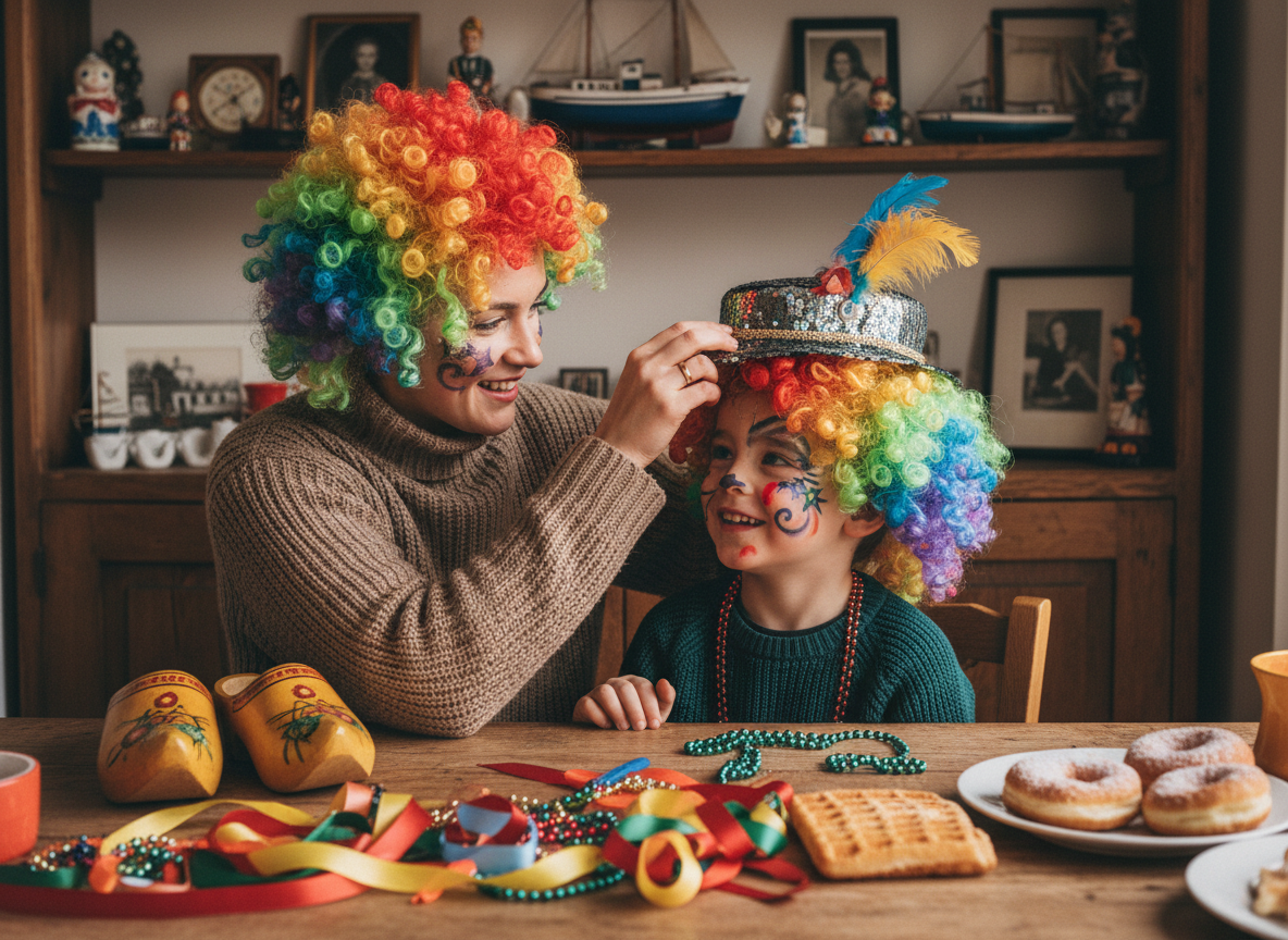 Mère et enfant avec accessoires de carnaval à la maison