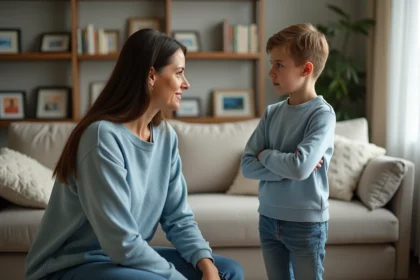 Maman parle calmement avec son fils dans le salon chaleureux
