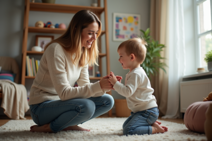 Maman et son enfant discutent dans un salon chaleureux
