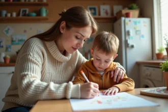 Maman et son enfant dessinant à la cuisine