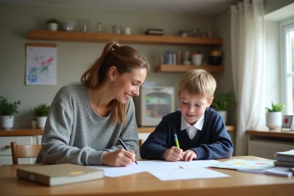 Maman et son enfant remplissant un dossier scolaire à la maison