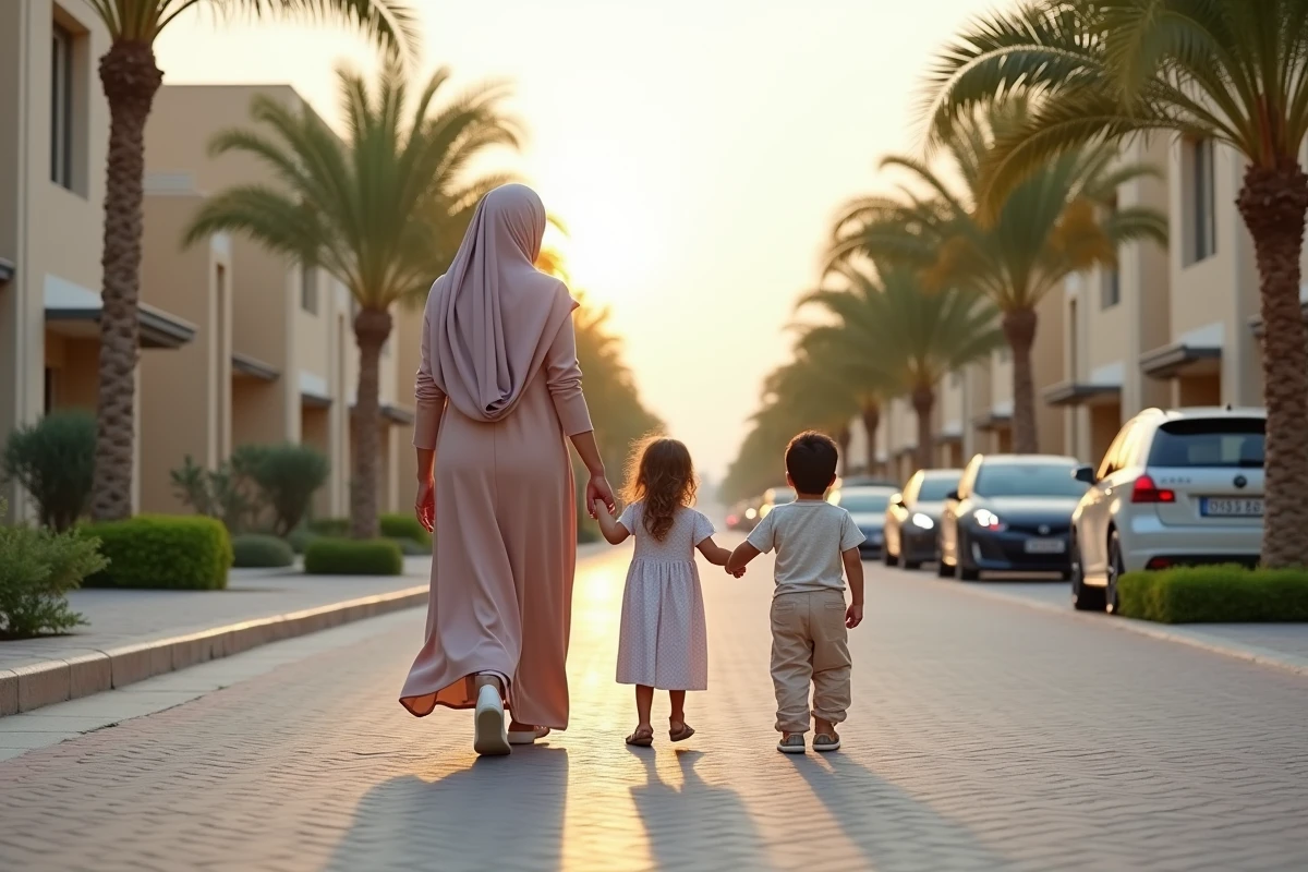Mère et enfants marchant dans un quartier résidentiel de Dubai