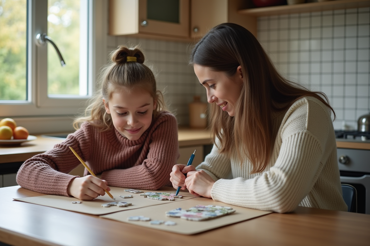 Mère et fille concentrées à faire un puzzle à la cuisine