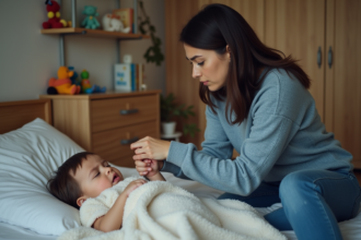 Mère inquiète avec son enfant malade dans la chambre