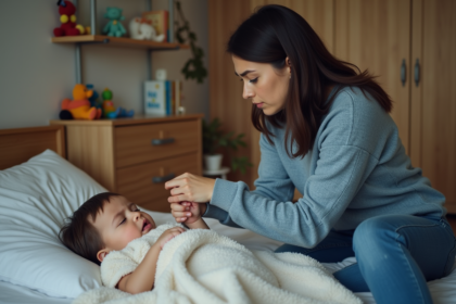 Mère inquiète avec son enfant malade dans la chambre