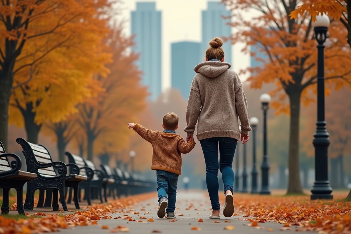 Maman et enfant marchant dans un parc en automne