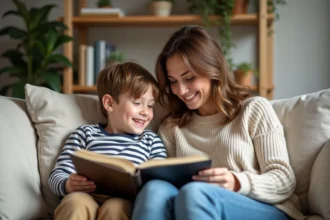 Maman et fils lisant ensemble dans un salon chaleureux