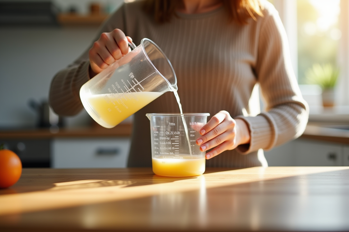 Maman verse du lait dans un petit récipient en cuisine lumineuse